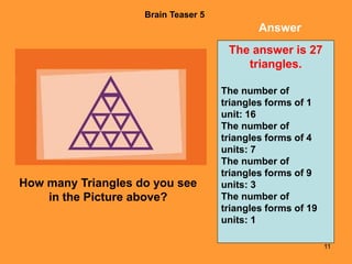 11
Brain Teaser 5
How many Triangles do you see
in the Picture above?
Answer
The answer is 27
triangles.
The number of
triangles forms of 1
unit: 16
The number of
triangles forms of 4
units: 7
The number of
triangles forms of 9
units: 3
The number of
triangles forms of 19
units: 1
 
