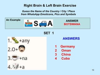 13
Right Brain & Left Brain Exercise
Guess the Name of the Country / City / Place
from WhatsApp Emoticons, Pics and Symbols
An Example ANSWER
BOTSWANA
SET 1
ANSWERS
1 Germany
2 Oman
3 China
4 Cuba
 