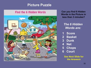 35
Picture Puzzle
Can you find 6 Hidden
Words in the Picture in
less than 3 minutes?
The 6 Hidden
Words are:
1 Score
2 Basket
3 Dunk
4 Net
5 Chops
6 Court
See Next Slide for
the Answers
 