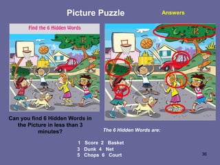 36
Picture Puzzle
Can you find 6 Hidden Words in
the Picture in less than 3
minutes? The 6 Hidden Words are:
1 Score 2 Basket
3 Dunk 4 Net
5 Chops 6 Court
Answers
 