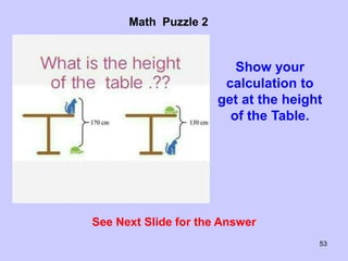 53
Math Puzzle 2
Show your
calculation to
get at the height
of the Table.
See Next Slide for the Answer
 