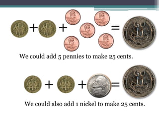       +     +           =We could add 5 pennies to make 25 cents.          +      +  =We could also add 1 nickel to make 25 cents.