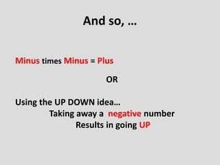 And so, …
Minus times Minus = Plus
OR
Using the UP DOWN idea…
Taking away a negative number
Results in going UP
 