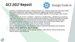 GCI 2017 Report
109
- students completed 649 tasks 11 OSGeo projects (i.e., FOSS4G, GeoServer, GeoTools, GRASS
GIS, gvSIG, MapServer, OpenLayers, OSGeoLive, pgRouting, PostGIS, and QGIS).
- experiences and conclusions of OSGeo's first participation in the Google Code-in (GCI)
competition:
- V. Rautenbach, M. Di Leo, V. Andreo, L. Delucchi, H. Kudrnovsky, J. McKenna & S. Acosta y
Lara 2018. Fostering pre-university student participation in OSGeo through the Google
Code-In competition. The International Archives of the Photogrammetry, Remote
Sensing and Spatial Information Sciences, Volume XLII-4/W8, 2018. FOSS4G 2018 –
Academic Track, 29–31 August 2018, Dar es Salaam, Tanzania.
(https://doi.org/10.5194/isprs-archives-XLII-4-W8-175-2018)
- GCI summit participants: Jeff McKenna (admin) and winning OSGeo's GCI students
- GSoC/GCI admins 2017/2018:
- Margherita Di Leo (chair), Florin-Daniel Cioloboc, Anne Ghisla, Helmut Kudrnovsky,
Werner Macho, Jeff McKenna
 