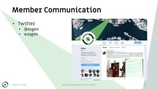 Member Communication
• Twitter
• @osgeo
• #osgeo
August 31, 2018 Open Source Geospatial Foundation 23
 