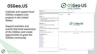 OSGeo.US
August 31, 2018 Open Source Geospatial Foundation 36
Cultivate and support local
OSGeo chapters and
projects in the United
States.
Support activities and
events that build awareness
of the OSGeo and create
opportunities to grow the
OSGeo community.
 