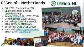 OSGeo.nl - Netherlands
• Est. 2011, Foundation 2012
• Sponsors: gold: GeoCat,
OpenGeoGroep
• Yearly FOSS4G-NL (2017, 2018)
• User/hacking Days: QGIS, ...
• Workshops: GRASS, PostGIS,...
• SIGs: QGIS, GeoNetwork,...
• Becoming QGIS User Group
• National https://geoforum.nl
• More: https://osgeo.nl
41
 