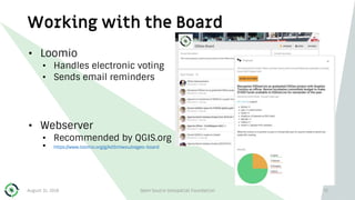 Working with the Board
• Loomio
• Handles electronic voting
• Sends email reminders
• Webserver
• Recommended by QGIS.org
• https://www.loomio.org/g/kdSmIwxu/osgeo-board
August 31, 2018 Open Source Geospatial Foundation 72
 