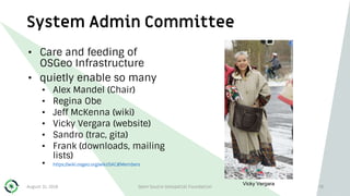 System Admin Committee
• Care and feeding of
OSGeo Infrastructure
• quietly enable so many
• Alex Mandel (Chair)
• Regina Obe
• Jeff McKenna (wiki)
• Vicky Vergara (website)
• Sandro (trac, gita)
• Frank (downloads, mailing
lists)
• https://wiki.osgeo.org/wiki/SAC#Members
August 31, 2018 Open Source Geospatial Foundation 78
Vicky Vergara
 