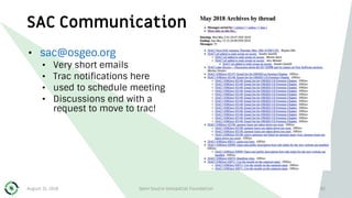 SAC Communication
• sac@osgeo.org
• Very short emails
• Trac notifications here
• used to schedule meeting
• Discussions end with a
request to move to trac!
August 31, 2018 Open Source Geospatial Foundation 82
 