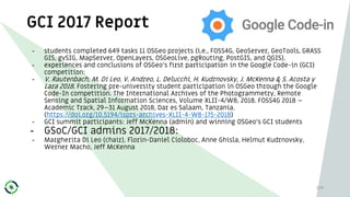 GCI 2017 Report
109
- students completed 649 tasks 11 OSGeo projects (i.e., FOSS4G, GeoServer, GeoTools, GRASS
GIS, gvSIG,...