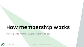 How membership works
13
Participants, members, a charter members
August 31, 2018 Open Source Geospatial Foundation
 