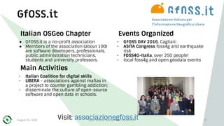 Events Organized
• GFOSS DAY 2016, Cagliari;
• ASITA Congress foss4g and earthquake
risk
• FOSS4G-Italia, over 250 people!
• local foss4g and open geodata events
Italian OSGeo Chapter
● GFOSS.it is a no-profit association
● Members of the association (about 100)
are software developers, professionals,
public administration technicians,
students and university professors.
Main Activities
• Italian Coalition for digital skills
• LIBERA - associations against mafias in
a project to counter gambling addiction;
• disseminate the culture of open-source
software and open data in schools.
GfOSS.it
37
Visit: associazionegfoss.itAugust 31, 2018 Open Source Geospatial Foundation
 