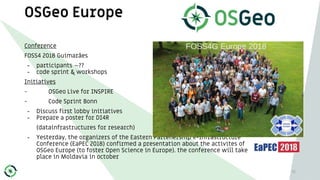 OSGeo Europe
Conference
FOSS4 2018 Guimarães
- participants ~??
- code sprint & workshops
Initiatives
- OSGeo Live for INS...