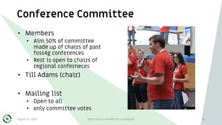 Conference Committee
• Members
• Aim 50% of committee
made up of chairs of past
foss4g conferences
• Rest is open to chair...