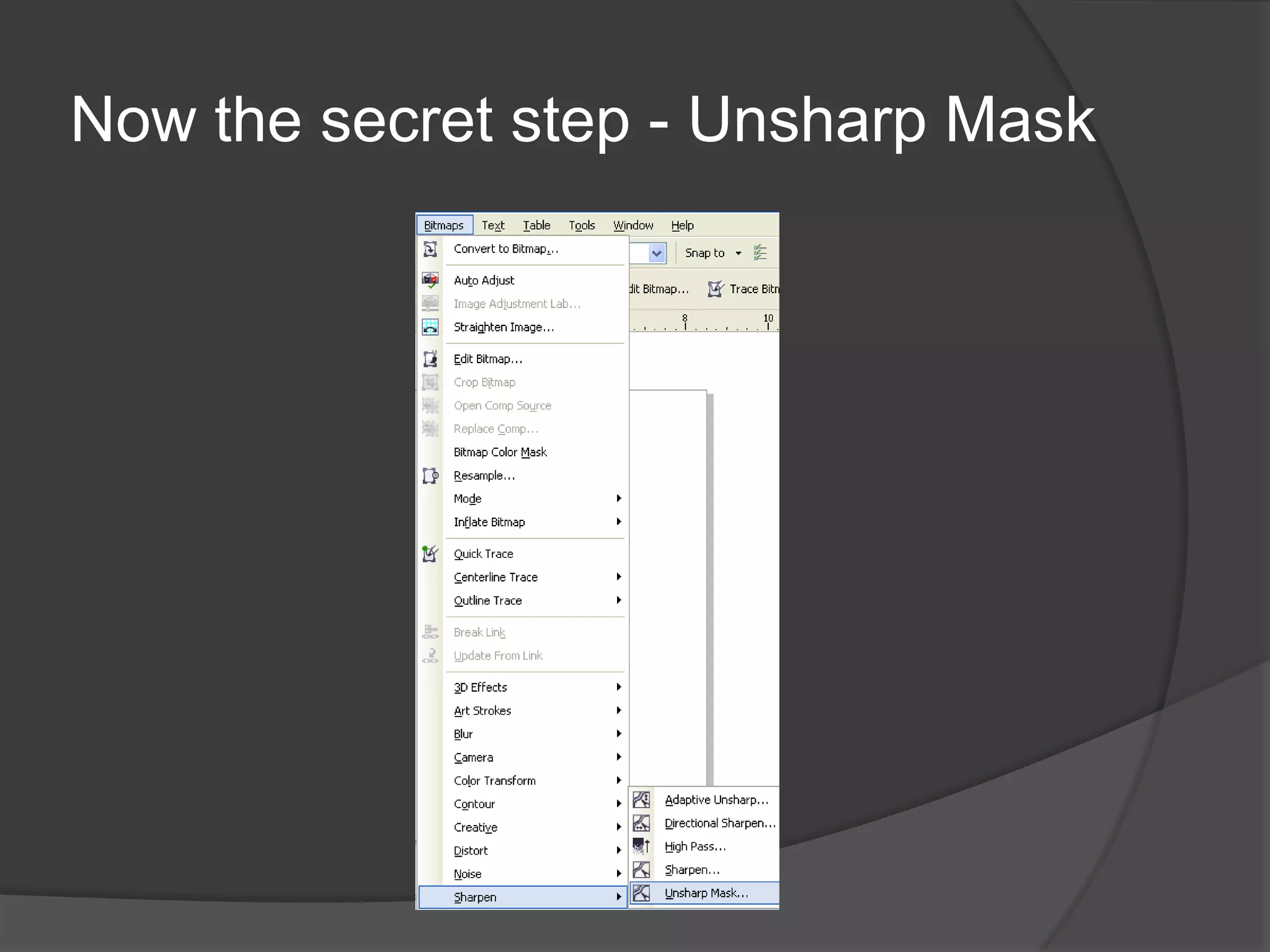 Now the secret step - Unsharp Mask
 