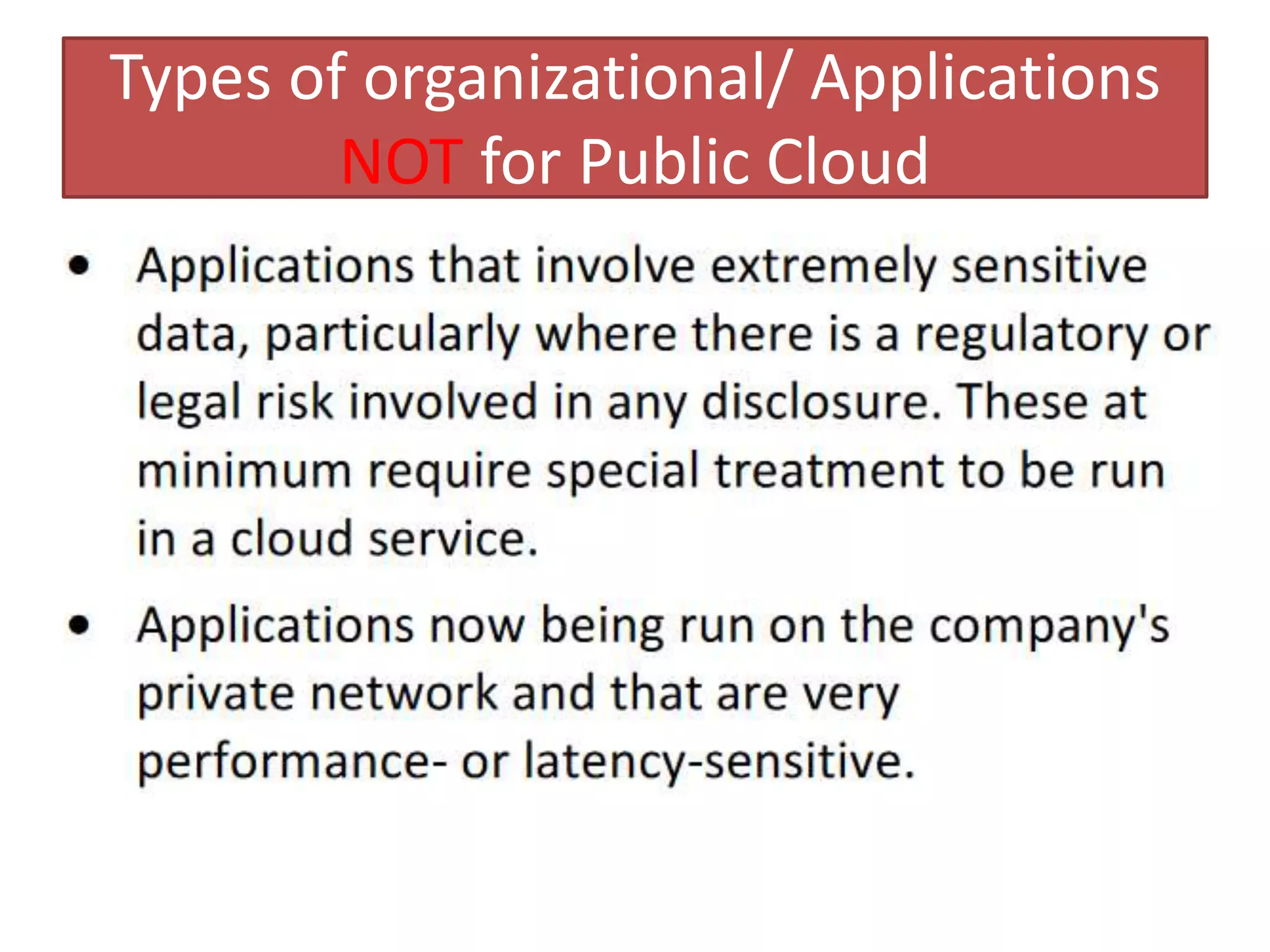 Types of organizational/ Applications
NOT for Public Cloud
 