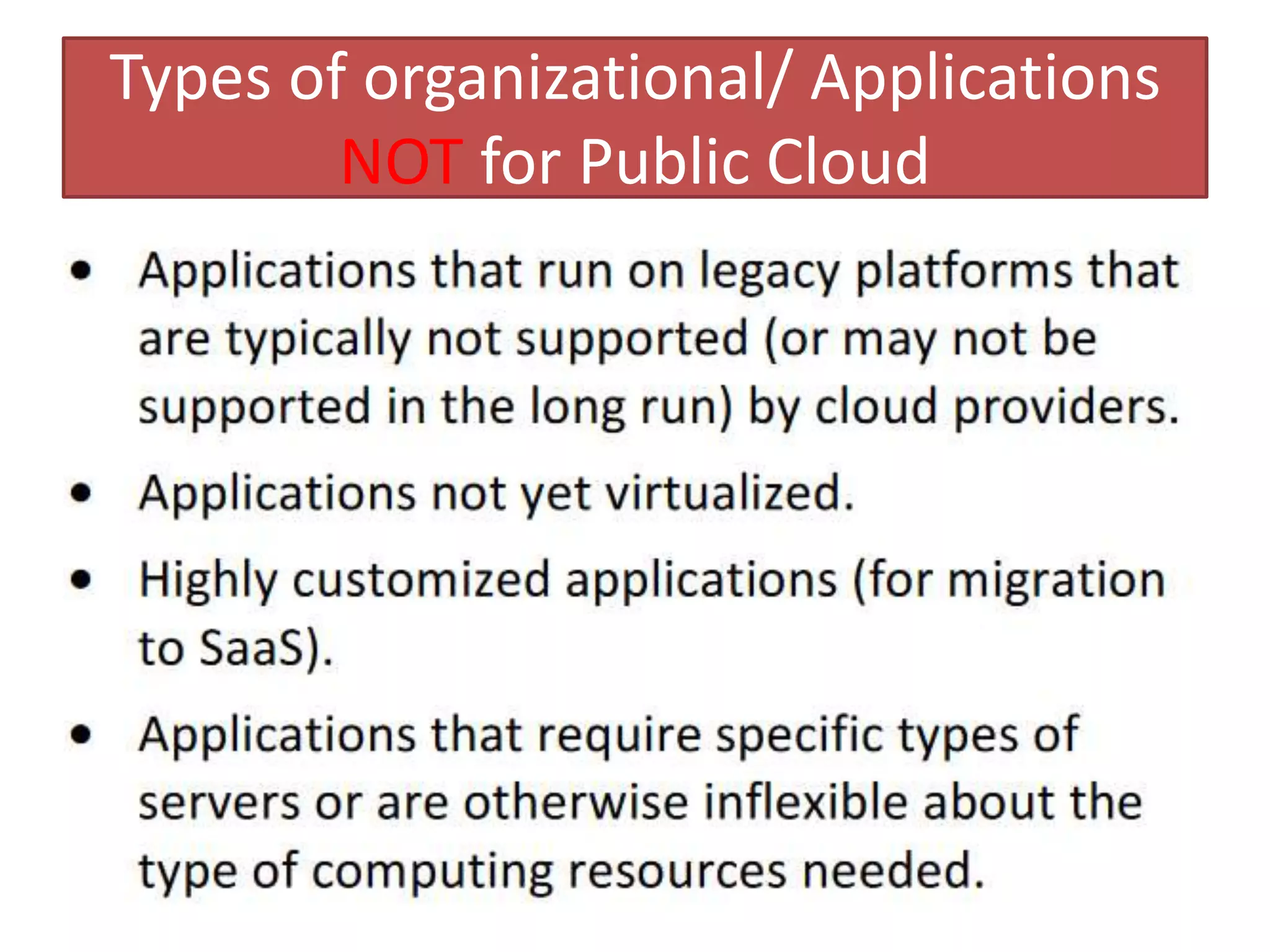 Types of organizational/ Applications
NOT for Public Cloud
 