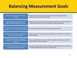 Balancing Measurement Goals
28
• Enable improvement and assess the performance of all providers and to
empower patients with this information.
Achieve high participation rates by
providers
• Address and measure high priority conditions and domains in order to provide a
comprehensive assessment of the quality of health care delivered.
Align reporting requirements with
National Quality Strategy priorities
• Drive quality improvement of the healthcare delivery system
Increase the reporting of quality data by
providers and more rapid feedback loops
• Improve quality of care through the meaningful use of EHRs and use of registry-
based measures.
Increase EHR and registry reporting for
quality reporting programs
• Ensure measurement focus is on patients , includes information derived from
patients, and is useful to patients
Increase patient-centered outcome
measures, including patient reported
measures
• Empower providers and the public with information to make informed decisions
and drive quality improvement (e.g., Compare sites)
Increase the transparency, availability,
and usefulness of quality data
 