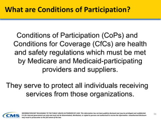 What are Conditions of Participation?
Conditions of Participation (CoPs) and
Conditions for Coverage (CfCs) are health
and safety regulations which must be met
by Medicare and Medicaid-participating
providers and suppliers.
They serve to protect all individuals receiving
services from those organizations.
36INFORMATION NOT RELEASABLE TO THE PUBLIC UNLESS AUTHORIZED BY LAW: This information has not been publicly disclosed and may be privileged and confidential.
It is for internal government use only and must not be disseminated, distributed, or copied to persons not authorized to receive the information. Unauthorized disclosure
may result in prosecution to the full extent of the law.
 