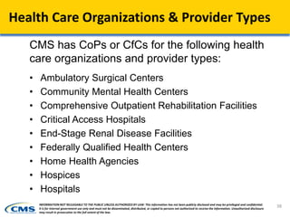 Health Care Organizations & Provider Types
CMS has CoPs or CfCs for the following health
care organizations and provider types:
• Ambulatory Surgical Centers
• Community Mental Health Centers
• Comprehensive Outpatient Rehabilitation Facilities
• Critical Access Hospitals
• End-Stage Renal Disease Facilities
• Federally Qualified Health Centers
• Home Health Agencies
• Hospices
• Hospitals
38INFORMATION NOT RELEASABLE TO THE PUBLIC UNLESS AUTHORIZED BY LAW: This information has not been publicly disclosed and may be privileged and confidential.
It is for internal government use only and must not be disseminated, distributed, or copied to persons not authorized to receive the information. Unauthorized disclosure
may result in prosecution to the full extent of the law.
 