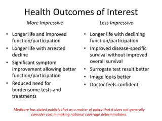 Health Outcomes of Interest
• Longer life and improved
function/participation
• Longer life with arrested
decline
• Significant symptom
improvement allowing better
function/participation
• Reduced need for
burdensome tests and
treatments
• Longer life with declining
function/participation
• Improved disease-specific
survival without improved
overall survival
• Surrogate test result better
• Image looks better
• Doctor feels confident
More Impressive Less Impressive
Medicare has stated publicly that as a matter of policy that it does not generally
consider cost in making national coverage determinations.
 