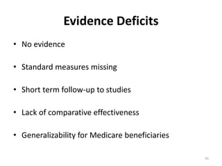 55
Evidence Deficits
• No evidence
• Standard measures missing
• Short term follow-up to studies
• Lack of comparative effectiveness
• Generalizability for Medicare beneficiaries
 