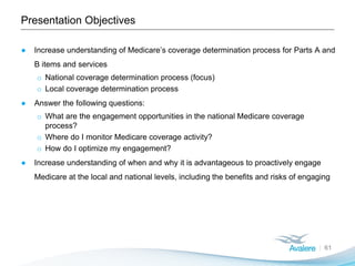 Presentation Objectives
61
● Increase understanding of Medicare’s coverage determination process for Parts A and
B items and services
o National coverage determination process (focus)
o Local coverage determination process
● Answer the following questions:
o What are the engagement opportunities in the national Medicare coverage
process?
o Where do I monitor Medicare coverage activity?
o How do I optimize my engagement?
● Increase understanding of when and why it is advantageous to proactively engage
Medicare at the local and national levels, including the benefits and risks of engaging
 