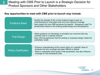 Meeting with CMS Prior to Launch is a Strategic Decision for
Product Sponsors and Other Stakeholders
87
2
Key opportunities to meet with CMS prior to launch may include:
• Identify the strength of the current evidence base to gain an
understanding for what gaps exist and may influence coverage
• Gain insight into how CMS perceives the specific “ therapeutic need” for
beneficiaries based on the existing epidemiology and demographics
Evidence Base
• Obtain guidance on trial design to elucidate any concerns that may
currently exist in a specific protocol
• Gain informal agreement that the existing or proposed design meets the
evidentiary needs
Trial Design
• Enhance understanding of the current policy on a specific class of
products and why coverage has been difficult or denied
• Seek to understand what quality of life parameters may also influence
coverage for this therapeutic area
Policy Clarification
 