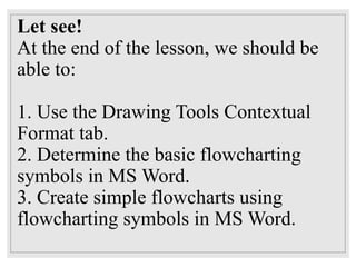 Let see!
At the end of the lesson, we should be
able to:
1. Use the Drawing Tools Contextual
Format tab.
2. Determine the basic flowcharting
symbols in MS Word.
3. Create simple flowcharts using
flowcharting symbols in MS Word.
 