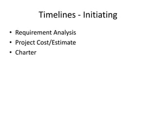 Timelines - Initiating
• Requirement Analysis
• Project Cost/Estimate
• Charter
 