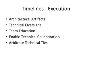 Timelines - Execution
• Architectural Artifacts
• Technical Oversight
• Team Education
• Enable Technical Collaboration
• Arbitrate Technical Ties
 
