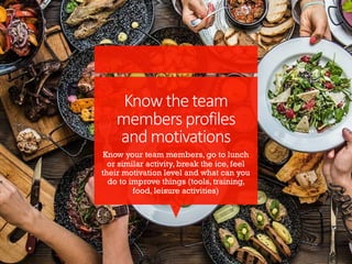 Knowtheteam
membersprofiles
andmotivations
Know your team members, go to lunch
or similar activity, break the ice, feel
their motivation level and what can you
do to improve things (tools, training,
food, leisure activities)
 