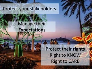 Manage their
Expectations
Protect their rights
Right to KNOW
Right to CARE
Protect your stakeholders
 