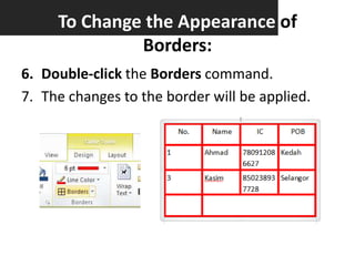 To Change the Appearance of
Borders:
6. Double-click the Borders command.
7. The changes to the border will be applied.

 