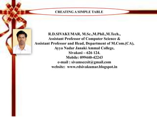 R.D.SIVAKUMAR, M.Sc.,M.Phil.,M.Tech.,
Assistant Professor of Computer Science &
Assistant Professor and Head, Department of M.Com.(CA),
Ayya Nadar Janaki Ammal College,
Sivakasi – 626 124.
Mobile: 099440-42243
e-mail : sivamsccsit@gmail.com
website: www.rdsivakumar.blogspot.in
CREATING A SIMPLE TABLE
 