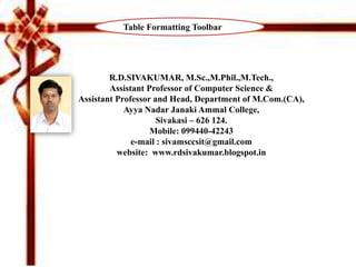 R.D.SIVAKUMAR, M.Sc.,M.Phil.,M.Tech.,
Assistant Professor of Computer Science &
Assistant Professor and Head, Department of M.Com.(CA),
Ayya Nadar Janaki Ammal College,
Sivakasi – 626 124.
Mobile: 099440-42243
e-mail : sivamsccsit@gmail.com
website: www.rdsivakumar.blogspot.in
Table Formatting Toolbar
 