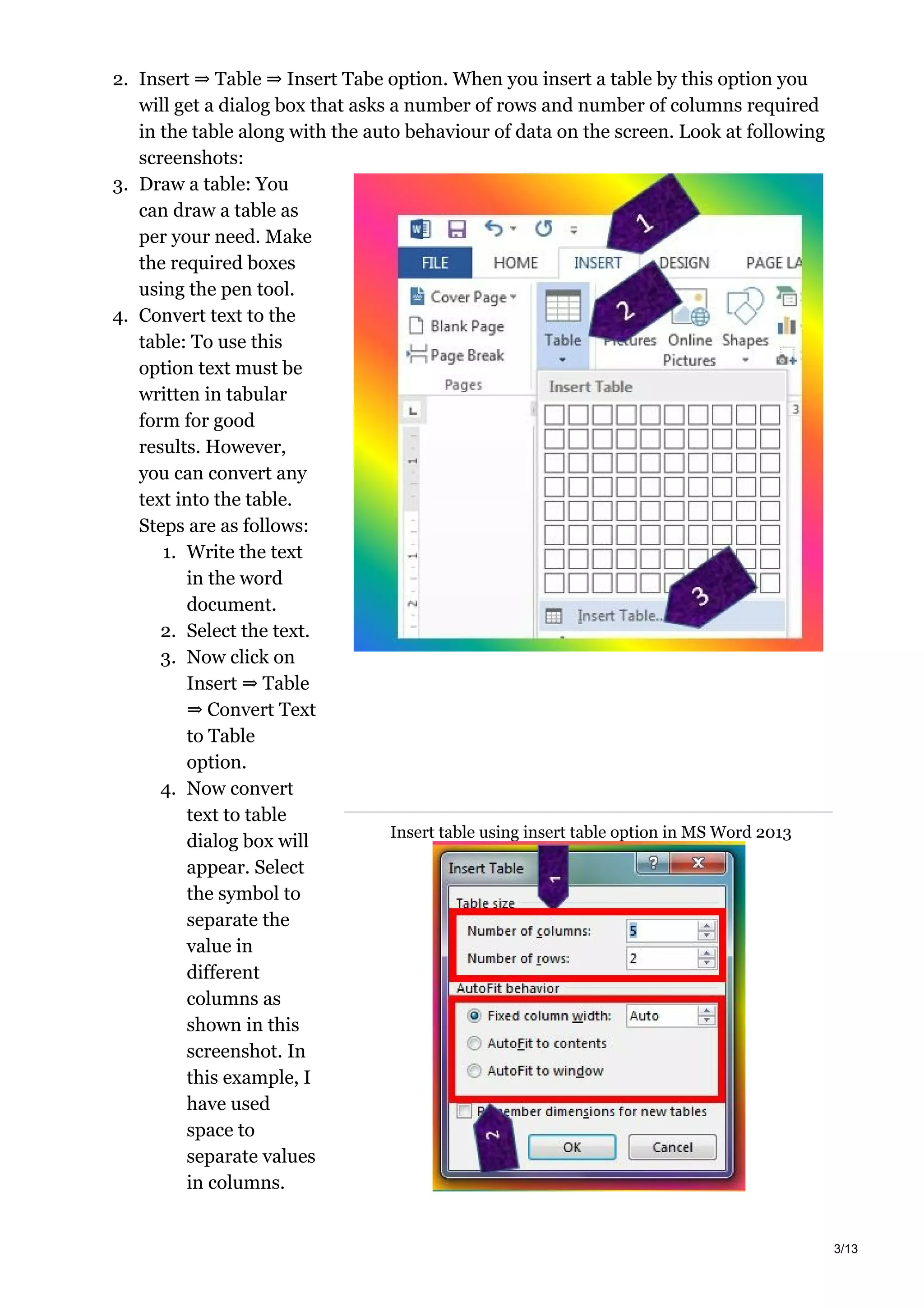 Insert table using insert table option in MS Word 2013
2. Insert ⇒ Table ⇒ Insert Tabe option. When you insert a table by this option you
will get a dialog box that asks a number of rows and number of columns required
in the table along with the auto behaviour of data on the screen. Look at following
screenshots:
3. Draw a table: You
can draw a table as
per your need. Make
the required boxes
using the pen tool.
4. Convert text to the
table: To use this
option text must be
written in tabular
form for good
results. However,
you can convert any
text into the table.
Steps are as follows:
1. Write the text
in the word
document.
2. Select the text.
3. Now click on
Insert ⇒ Table
⇒ Convert Text
to Table
option.
4. Now convert
text to table
dialog box will
appear. Select
the symbol to
separate the
value in
different
columns as
shown in this
screenshot. In
this example, I
have used
space to
separate values
in columns.
3/13
 