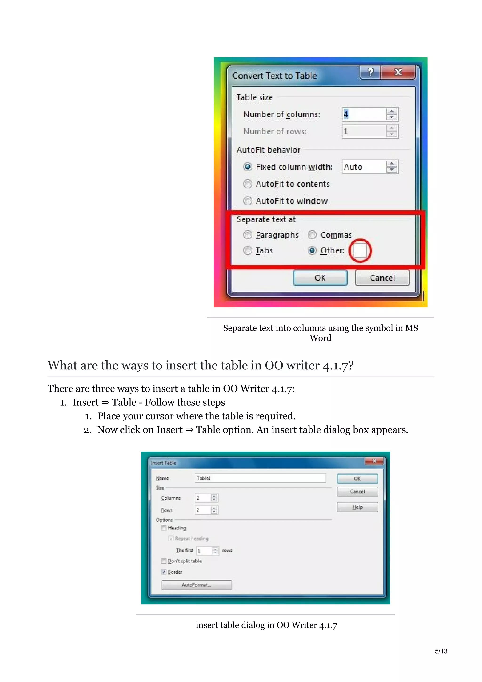 Separate text into columns using the symbol in MS
Word
What are the ways to insert the table in OO writer 4.1.7?
There are three ways to insert a table in OO Writer 4.1.7:
1. Insert ⇒ Table - Follow these steps
1. Place your cursor where the table is required.
2. Now click on Insert ⇒ Table option. An insert table dialog box appears.
insert table dialog in OO Writer 4.1.7
5/13
 