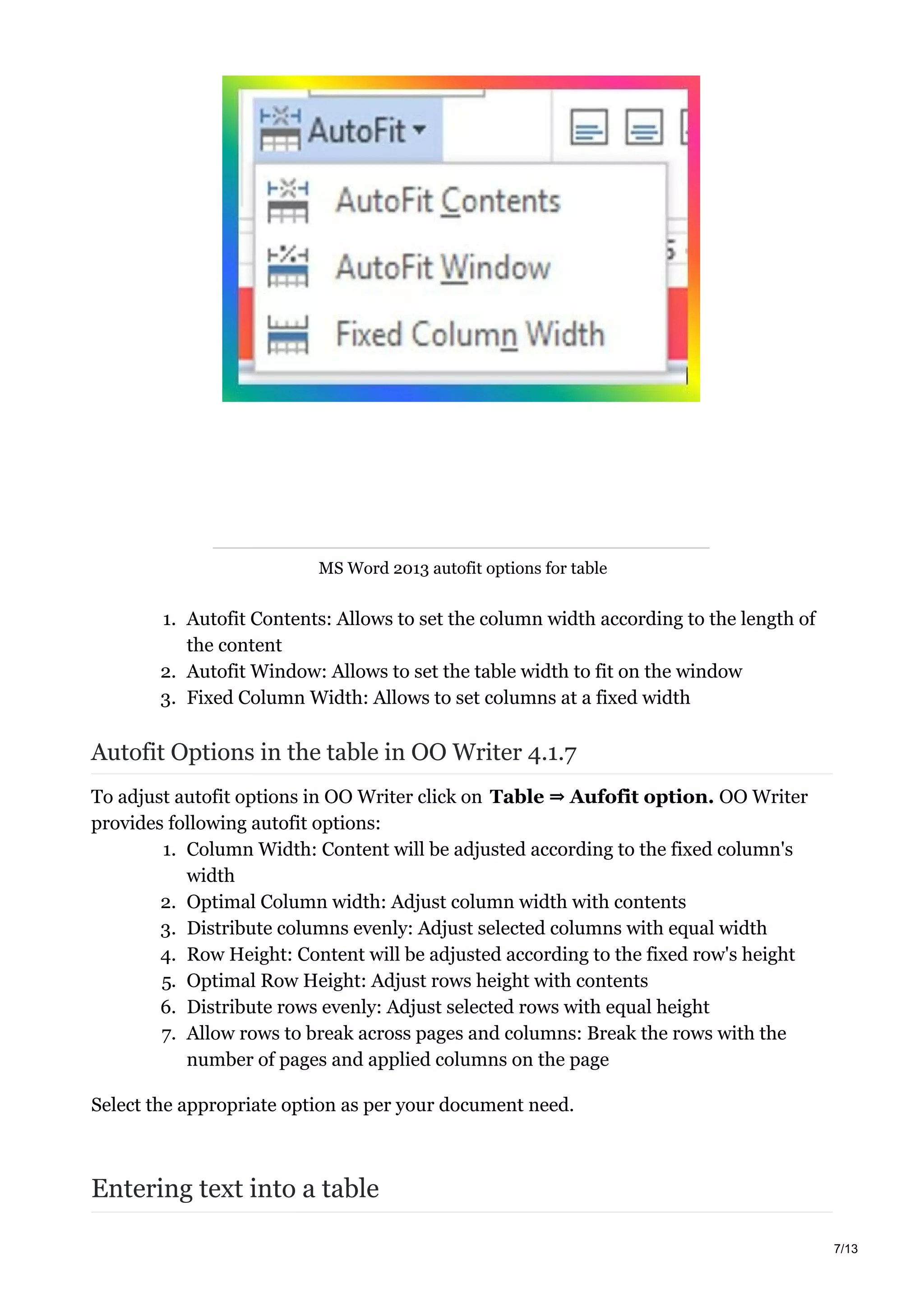 MS Word 2013 autofit options for table
1. Autofit Contents: Allows to set the column width according to the length of
the content
2. Autofit Window: Allows to set the table width to fit on the window
3. Fixed Column Width: Allows to set columns at a fixed width
Autofit Options in the table in OO Writer 4.1.7
To adjust autofit options in OO Writer click on Table ⇒ Aufofit option. OO Writer
provides following autofit options:
1. Column Width: Content will be adjusted according to the fixed column's
width
2. Optimal Column width: Adjust column width with contents
3. Distribute columns evenly: Adjust selected columns with equal width
4. Row Height: Content will be adjusted according to the fixed row's height
5. Optimal Row Height: Adjust rows height with contents
6. Distribute rows evenly: Adjust selected rows with equal height
7. Allow rows to break across pages and columns: Break the rows with the
number of pages and applied columns on the page
Select the appropriate option as per your document need.
Entering text into a table
7/13
 