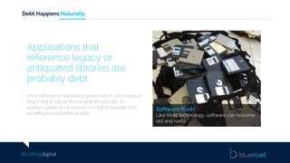 #craftingdigital
Debt Happens Naturally
Software Rusts
Like most technology, software can become
old and rusty.
Once software is released to production it can be easy to
forget that it may be incurring debt naturally. As
vendors update their toolsets, it is highly possible that
we will gain unintentional debt.
Applications that
reference legacy or
antiquated libraries are
probably debt.
 