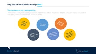#craftingdigital
Why Should The Business Manage Debt?
The business is not motivated by…
The business is only motivated by outcomes, not technical details. If a piece of debt has a negative impact, discuss that
with the business in non-technical, monetary terms.
“The Code
Is Crufty”
 