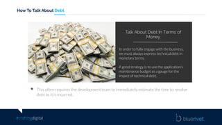 #craftingdigital
How To Talk About Debt
In order to fully engage with the business,
we must always express technical debt in
monetary terms.
A good strategy is to use the application’s
maintenance budget as a gauge for the
impact of technical debt.
Talk About Debt In Terms of
Money
This often requires the development team to immediately estimate the time to resolve
debt as it is incurred.
 