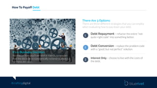#craftingdigital
How To Payoff Debt
It’s a Business Decision
No matter how much we wish it wasn’t, remember
that the decision to substantially refactor is always a
business decision.
There Are 3 Options:
There are three different strategies that you can employ
when evaluating how to pay down your debt.
Debt Repayment – refactor the entire “not-
quite-right code” into something better.
Debt Conversion – replace the problem code
with a “good, but not perfect” solution.
Interest Only – choose to live with the costs of
the debt.
1
2
3
 