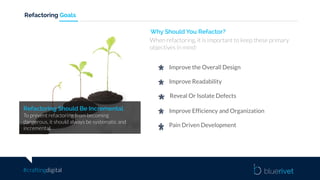 #craftingdigital
Refactoring Goals
Improve the Overall Design
Improve Readability
Reveal Or Isolate Defects
Improve Efficiency and Organization
Why Should You Refactor?
When refactoring, it is important to keep these primary
objectives in mind:
Refactoring Should Be Incremental
To prevent refactoring from becoming
dangerous, it should always be systematic and
incremental.
Pain Driven Development
 