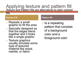 Applying texture and pattern fill
Texture and Pattern fills are alternatives to plain colored
fills
Texture Fill                   Pattern fill

   Repeats a small               Is a repeating
    graphic to fill the area
                                   pattern that consists
   Specially designed so
    that the edges blend           of a background
    together and it looks          color and a
    like a single graphic          foreground color
   Texture graphics
    usually simulate some
    type of textured
    material like wood,
    marble, or fabric
 