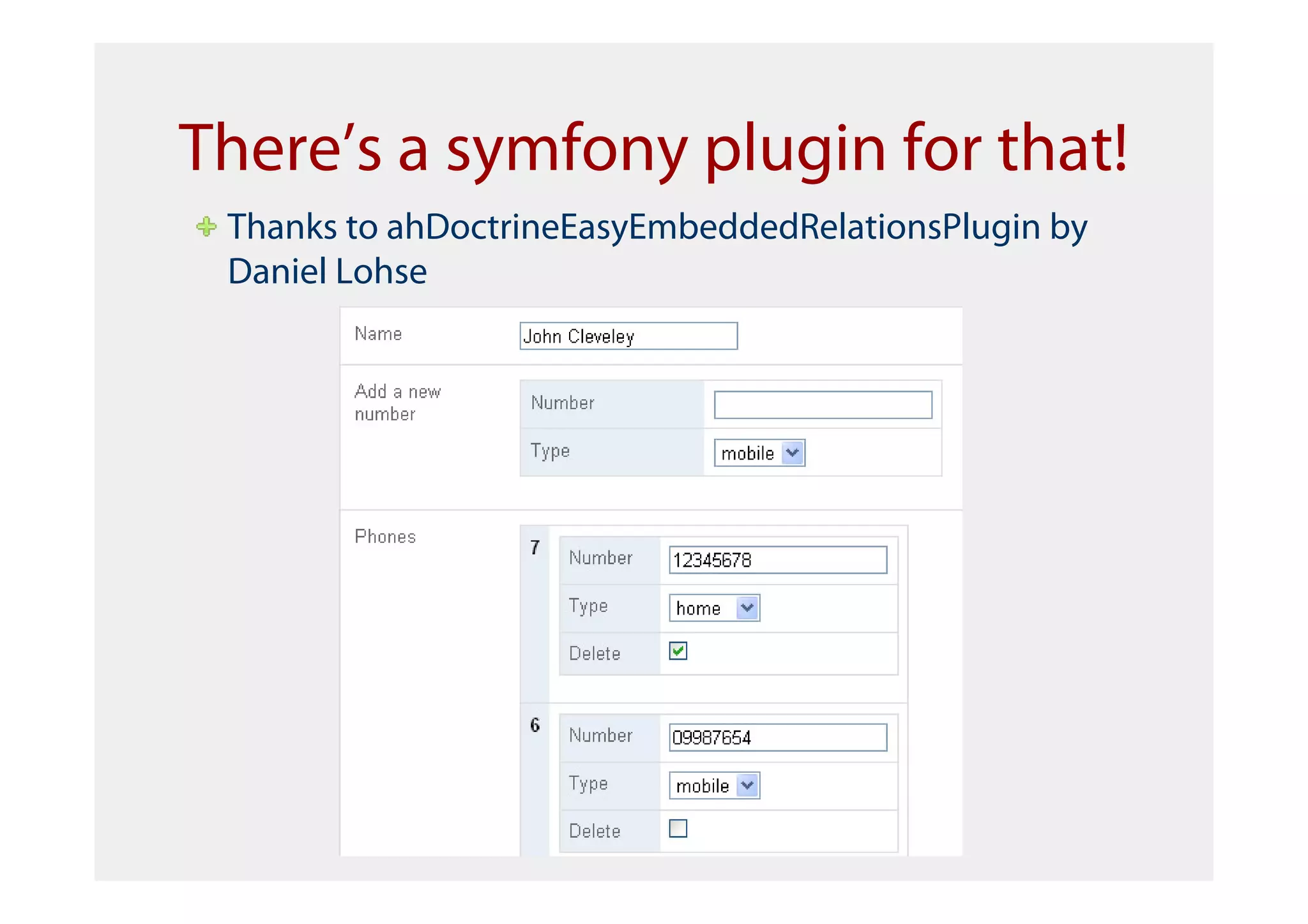 There’s a symfony plugin for that!
 Thanks to ahDoctrineEasyEmbeddedRelationsPlugin by
 Daniel Lohse
 