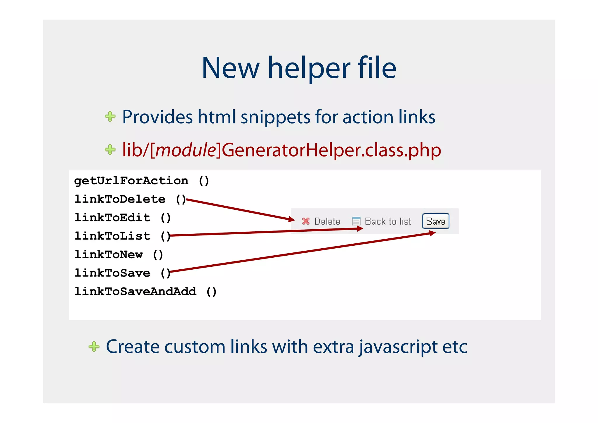 New helper file
      Provides html snippets for action links
      lib/[module]GeneratorHelper.class.php
getUrlForAction ()
linkToDelete ()
linkToEdit ()
linkToList ()
linkToNew ()
linkToSave ()
linkToSaveAndAdd ()



    Create custom links with extra javascript etc
 