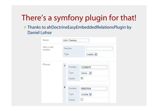 There’s a symfony plugin for that!
 Thanks to ahDoctrineEasyEmbeddedRelationsPlugin by
 Daniel Lohse
 