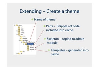 Extending – Create a theme
      Name of theme

             Parts – Snippets of code
             included into cache

             Skeleton – copied to admin
             module

                Templates – generated into
                cache
 